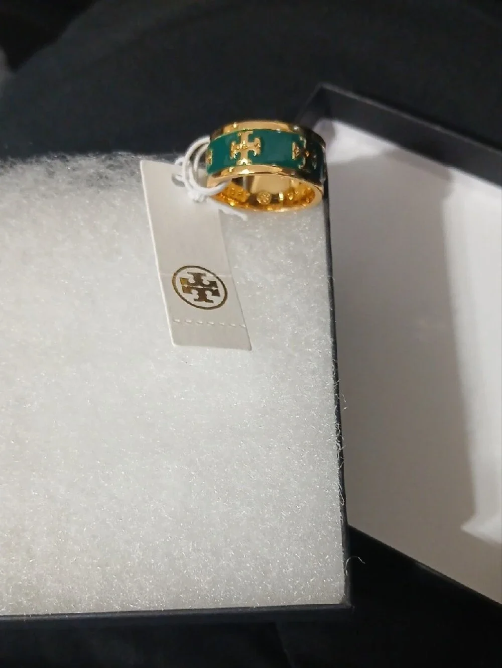 Tori Burch Gold and Emerald Green Women's Logo Accent Ring